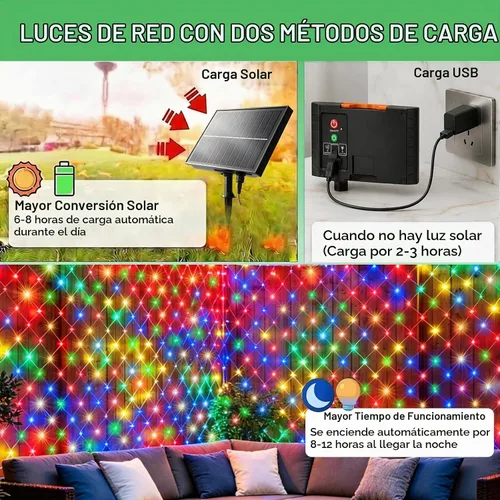 Vista 4 de Pooqla 34 Colors Changing Net Lights Outdoor Solar & USB Powered, 6.5x6.5ft