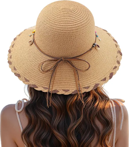 Vista 8 de Trifabricy Sombreros de paja de playa para mujer, sombrero de ala ancha con Shell - Caqui