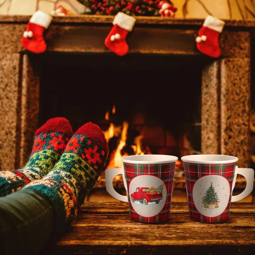Vista 5 de 200 vasos de papel desechables de Navidad con asa, 8 onzas, búfalo, a cuadros, desechables, para café, cacao, chocolate caliente, vasos para bebidas