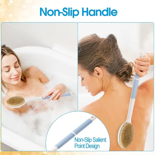 Vista 2 de Cepillo de espalda antideslizante con mango largo para ducha, cepillo de espalda de doble cara con cerdas rígidas y suaves, exfoliante corporal