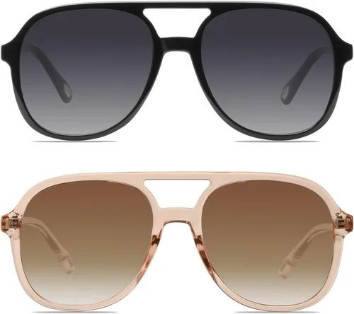 Vista 11 de YDAOWKN Retro Aviator Sunglasses for Womens Mens 70s Double Bridge Sunnies 2 Tintes Negro/Gris+Negro/Amarillo
