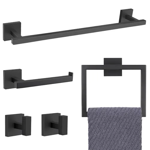 Vista 14 de YACVCL Juego de Barra de Toallas, Juego de 5 Piezas de Accesorios de Baño Negro y Dorado, Juego de Accesorios de Baño Negro y Dorado, Soporte