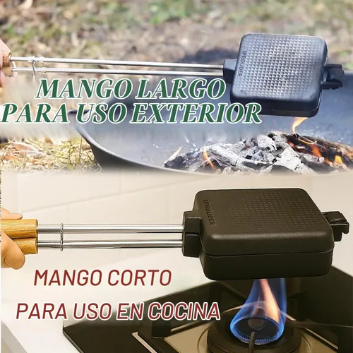 Vista 6 de Campfire Pie Iron - Sandwichera grande de hierro fundido de 4.9 pulgadas para camping, 2 piezas con bolsa de almacenamiento, asas ajustables de 21.7
