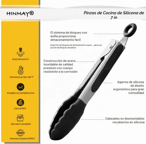 Vista 2 de HINMAY Mini pinzas con puntas de silicona pinzas de cocina de 7 pulgadas, juego de 3 (negro)