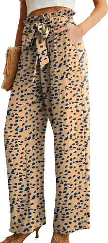 Vista 2 de IWOLLENCE Pantalones de pierna ancha para mujer con bolsillos, cintura alta, nudo ajustable, holgados, casuales, para trabajo y negocios