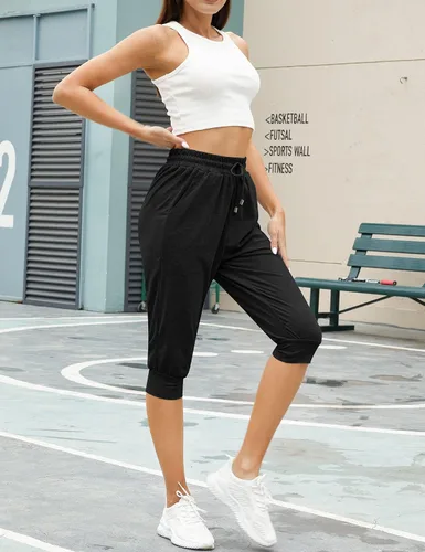 Vista 3 de Syhood Paquete de 2 pantalones deportivos capri para mujer, con cordón, pantalones capri casuales recortados con bolsillos