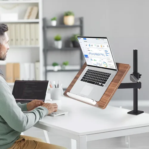 Vista 7 de Soporte de libro ajustable con soporte de abrazadera de escritorio, soporte de lectura de madera con brazo de metal, negro