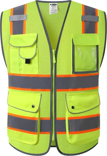 Vista 25 de JKSafety Chaleco de seguridad frontal con cremallera de alta visibilidad Clase 2 de 9 bolsillos con tiras reflectantes, cumple con las normas