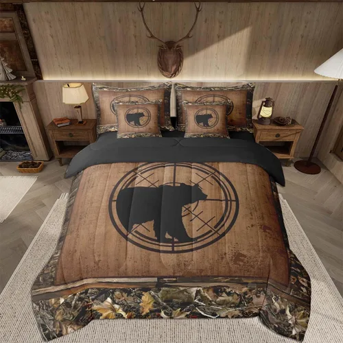 Vista 127 de Feelyou Juego de edredón de ciervo con sábanas – Tamaño Queen 7 piezas Juego de ropa de cama infantil de caza rústica – Cama de ciervo de cabaña