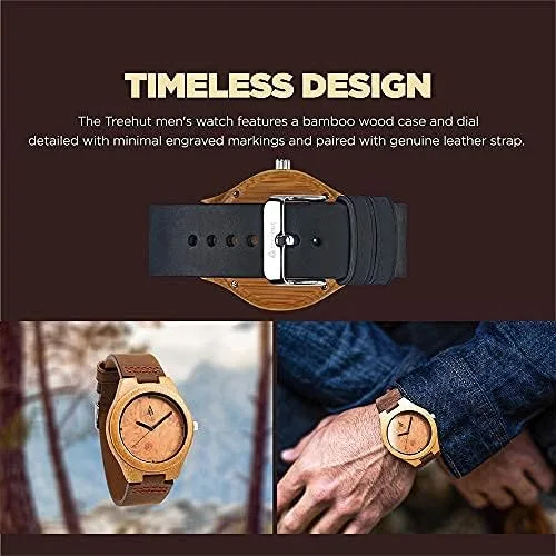 Vista 2 de treehut Reloj de pulsera de madera para hombre con correa de cuero genuino analógico de cuarzo para hombre