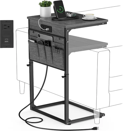 Vista 14 de Vagusicc - Mesa auxiliar en forma de C con estación de carga, mesa lateral de altura ajustable para sofá, mesa pequeña para sofá con laptop
