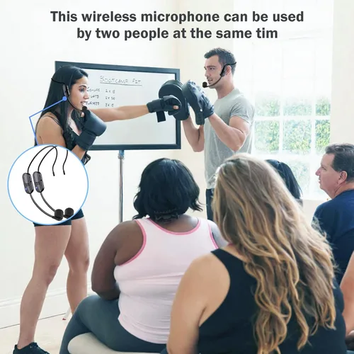 Vista 2 de Auriculares con Micrófono Inalámbrico Doble Profesional: Micrófono Inalámbrico de Diadema para Dos Personas, Micrófono de Diadema y de Mano 2 en 1