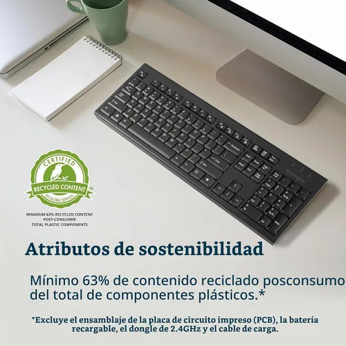 Vista 2 de Kensington KB270 EQ Teclado inalámbrico recargable, tamaño completo, a prueba de derrames, conexión Bluetooth 5.0 y 2.4 GHz, compatible con Windows