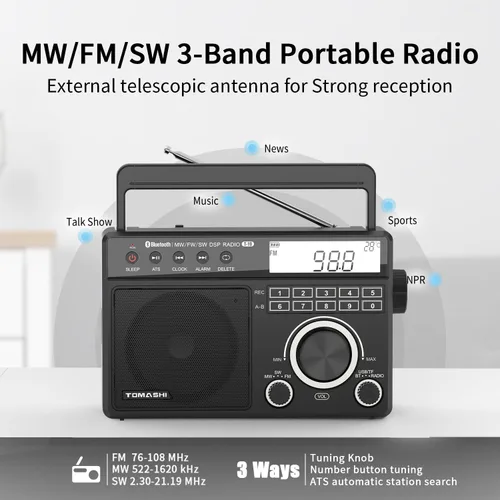 Vista 2 de TOMASHI Radio FM portátil de onda corta MW con Bluetooth, sintonización ATS, reloj y alarma, grabación, reproducción de MP3/WMA a través de tarjeta
