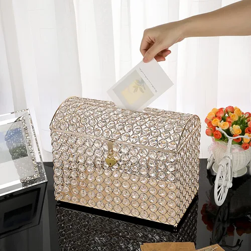 Vista 3 de ELLDOO Caja de tarjetas de boda de cristal con cierre de corazón, 12.6 x 6.3 x 9.4 pulgadas, caja de tarjetas de dinero estilo cofre del tesoro