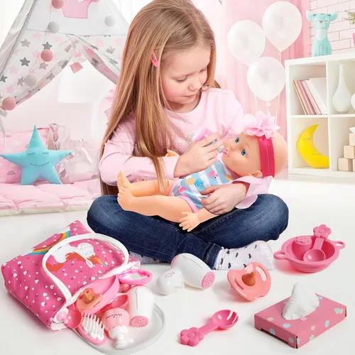 Vista 7 de Golray Juego de cochecito de bebé para niña con muñeca de bebé de 12 pulgadas y 17 piezas de accesorios para muñecas de bebé, bolso/ropa, sombrilla