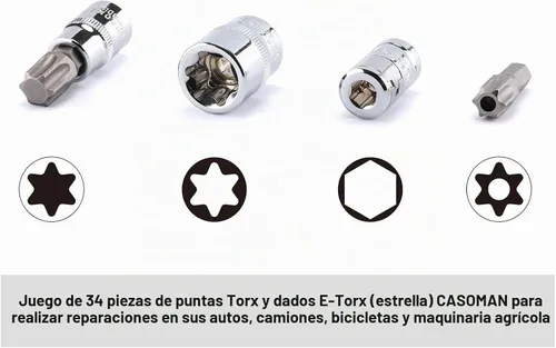 Vista 4 de CASOMAN 34 piezas de 3/8 pulgadas Torx Bit Socket y E-Torx (estrella) Juego de zócalos de acero CR-V y S2, E4-E20, T10-T60, a prueba