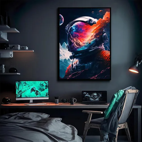 Vista 2 de Arte de pared de astronauta abstracto divertido póster de astronauta colorido universo fantástico pintura espacial impresiones surrealismo planetas