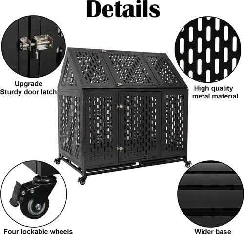 Vista 3 de Jaula para perros resistente de 44 pulgadas con 4 ruedas, perrera indestructible a prueba de escapes con cerraduras de refuerzo y puerta doble
