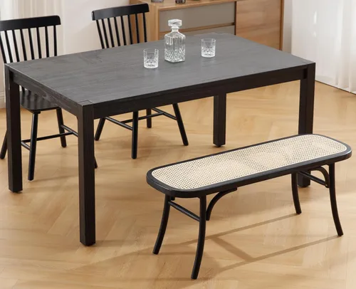 Vista 6 de Kmax Banco tapizado de mimbre de mimbre Banco de entrada de madera maciza rústica de 45 pulgadas para sala de estar/dormitorio/pasillo - negro