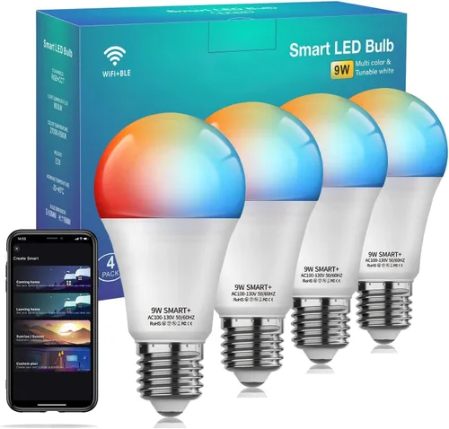 Vista 10 de Bombilla inteligente, WiFi y Bluetooth 5.0, A19 E26 800LM bombilla que cambia de color, blanco cálido a frío, luces LED regulables, control
