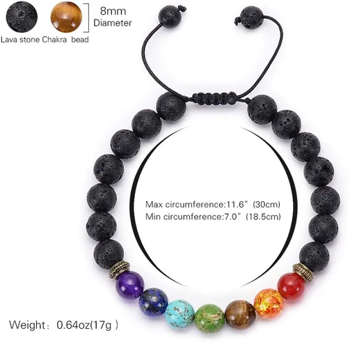 Vista 3 de Brazalete GelConnie de piedras de lava, 7 chakras, 0.32 pulgadas, piedra natural, para curación, alivio del estrés, yoga, ansiedad, aromaterapia