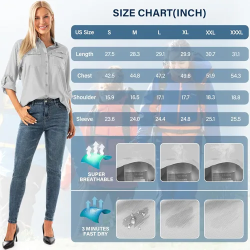 Vista 7 de Camisas de manga larga para mujer secado rápido protección UV convertibles para senderismo campamento pesca navegación