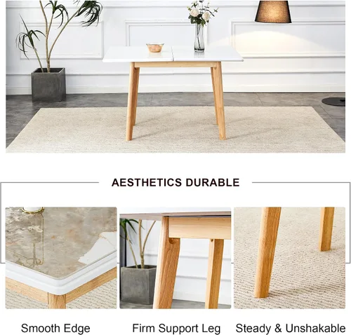 Vista 4 de Mesa de piedra sinterizada de imitación mármol blanco con patas de madera de goma, escritorio plegable para computadora, escritorio de oficina