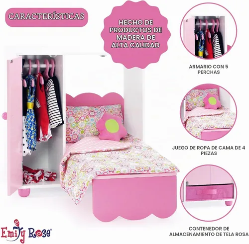 Vista 2 de Emily Rose - Juego de cama y armario para muñecas de 18 pulgadas con perchas y almacenamiento