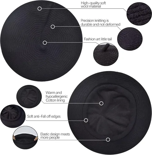 Vista 3 de Gorro de boina para mujer estilo francés gorro de punto con forro de lana cálido para invierno