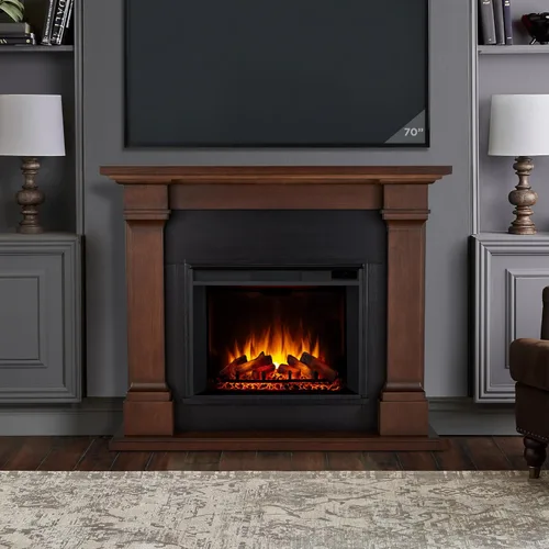 Vista 2 de Real Flame Callaway Chimenea eléctrica Grand de 63" con repisa en roble castaño, chimenea eléctrica independiente de gran tamaño para interiores