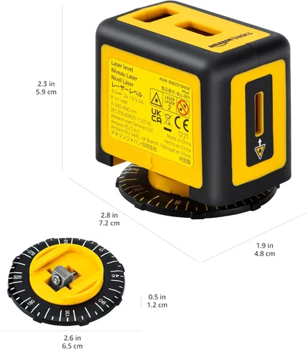 Vista 5 de Amazon Basics Nivel láser giratorio de 360 grados Clase II con 2 viales de burbuja retroiluminados extragrandes, 16 pies/192 pulgadas, amarillo/negro