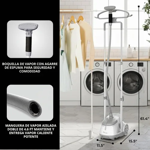 Vista 8 de SALAV® Vaporizador profesional para ropa de pie – Vaporizador de ropa resistente de 1500 W con cable retráctil, control de pedal de pie, ruedas