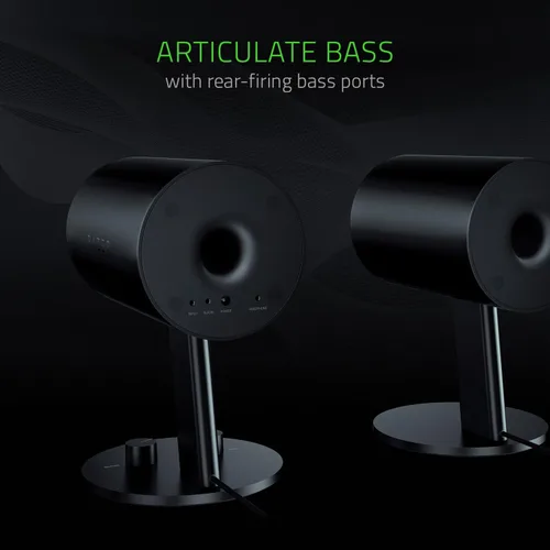 Vista 4 de Razer Nommo: Custom Woven Fiberglass 3" Drivers - Rear-Facing Bass Ports - Bass Knob w/Automatic Gain Control - Full Range 2.0 PC Gaming Speakers