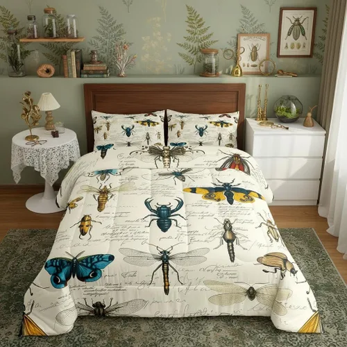 Vista 11 de Homewish Juego de edredón entomológico de insectos y polilla de mariposa, tamaño individual, juego de edredón entomológico de escarabajos