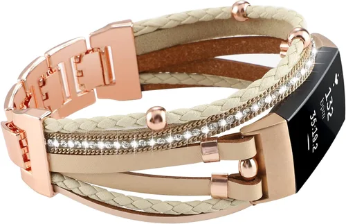 Vista 10 de Elegante correa de cuero compatible con Fitbit Charge 4 Charge 3, pulseras bohemias para mujer, pulseras de joyería multicapa de repuesto para Negro