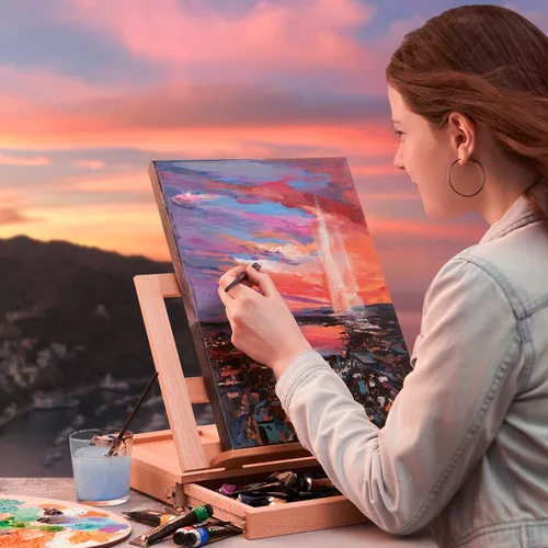 Vista 6 de Arteza Juego de arte acrílico, incluye caballete de mesa, 12 tubos de pintura acrílica, papel de paleta, 10 pinceles, almohadillas de lienzo