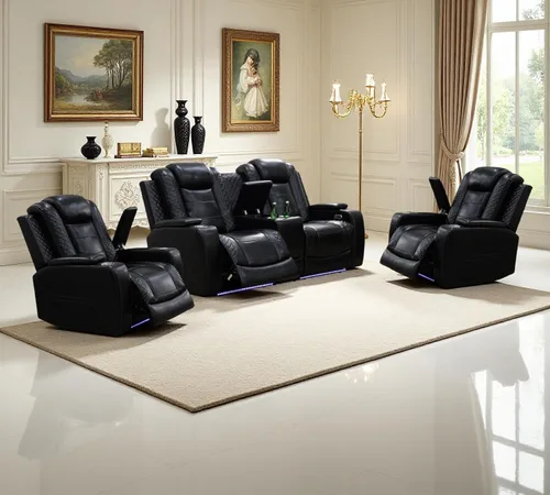 Vista 37 de Juego de sofás reclinables eléctricos, juegos de muebles de sala de estar, sofá reclinable eléctrico moderno negro, sofá biplaza y silla