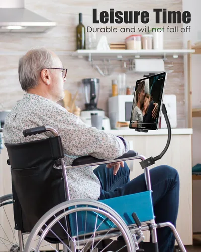 Vista 7 de Charchendo Soporte para tablet con mango de silla de ruedas, soporte para tableta de teléfono para silla de ruedas con brazo de aluminio de 9.45