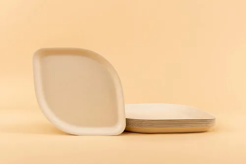 Vista 7 de Platos desechables de bambú marrón – Platos compostables de aperitivo de 8 pulgadas – Platos de postre de ensalada biodegradables resistentes