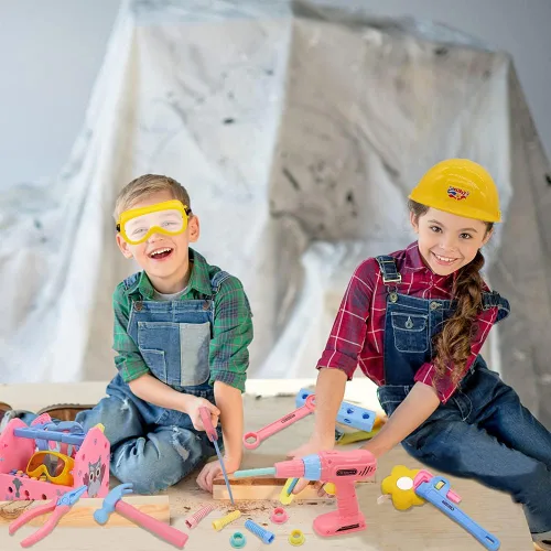 Vista 7 de Magic4u Juego de herramientas de juguete para niña, accesorios de herramientas de construcción, juguetes de herramientas con sombrero, caja