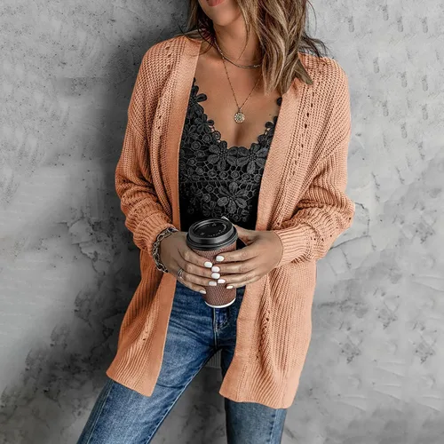 Vista 4 de Cárdigan de manga larga para mujer, ligero, cuello acanalado, suave, cárdigan de punto para mujer, cárdigan pesado