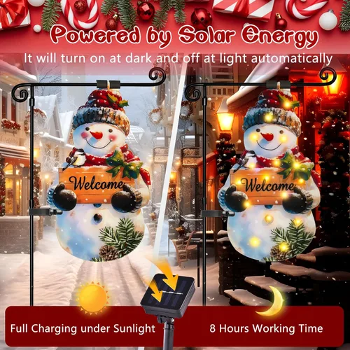 Vista 2 de Bandera de jardín de Navidad iluminada de 12 x 18 pulgadas, 8 modos de doble cara, decoración solar de Navidad LED para exteriores, decoraciones