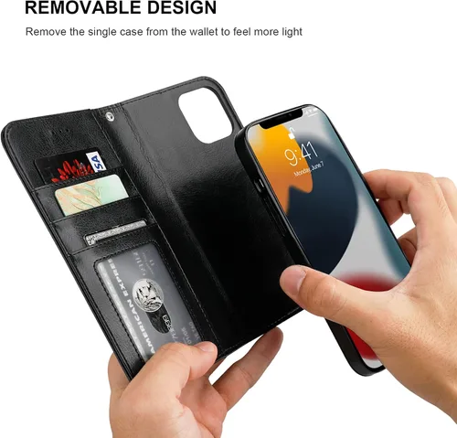 Vista 4 de Bocasal Funda tipo cartera desmontable para iPhone 13 Pro Max con bloqueo RFID, ranuras para tarjetas, soporte de cuero PU premium, soporte