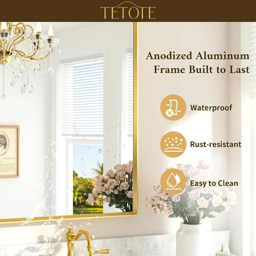 Vista 8 de TETOTE Espejo de baño dorado cepillado de 20" x 30", espejo de tocador de baño rectangular de latón dorado cepillado con marco biselado para sobre