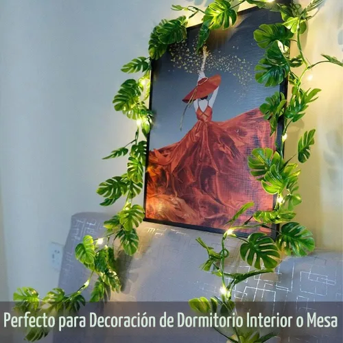 Vista 6 de Fielegen Guirnalda de 20 luces LED de hojas de Monstera, hojas de palmera tropicales artificiales, enredaderas verdes con luces, decoración