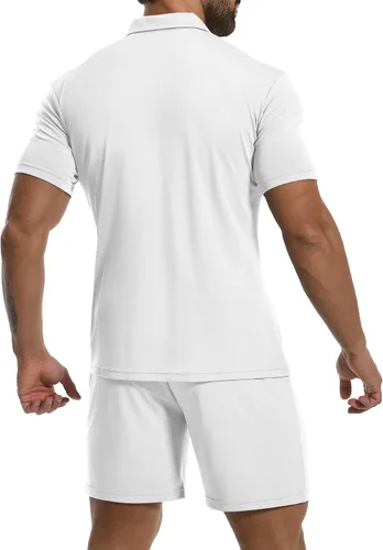 Vista 3 de YTD Conjunto de camisa polo y pantalones cortos de manga corta para hombre, conjunto de dos piezas de verano con cremallera, conjunto deportivo