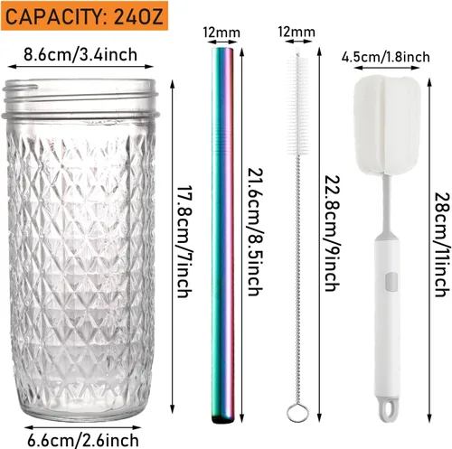 Vista 2 de Juego de 2 vasos de vidrio - Vasos para beber tipo Mason Jar de 24 oz con tapas de bambú y pajitas y 2 tapas herméticas, lindo vaso reutilizable