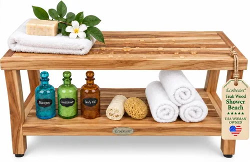 Vista 17 de EcoDecors Banco de ducha de teca natural de 18 pulgadas, impermeable Banco de ducha de teca de 18" con barra