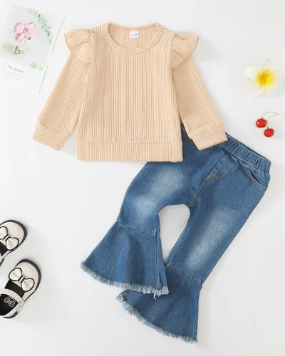 Vista 2 de Mioglrie Ropa para niña pequeña, conjunto de pantalones de mezclilla, ropa de bebé para niña pequeña
